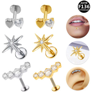 Piercing d'oreille en alliage de titane en forme de cœur, titane pur G23, incrusté de zircone, bijoux de mode - Product Image 5