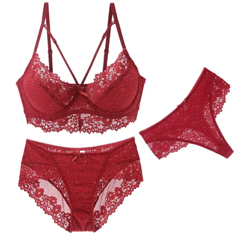 YCH sexy sling solid color underwear set female lace thin large size support gathered underwear set bra three-piece set