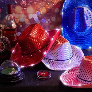 LT-47 Cheap Shipping Custom Promotional Fiber Light Up Sequin Jazz Cowboy Cap Hat For Women Men Adult Led