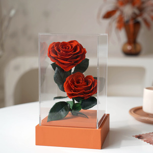 Vente en gros de 2 roses éternelles en forme de cœur, présentoir en acrylique, centre de table double fleur éternelle, cadeau pour <span class=keywords><strong>la</strong></span> Saint-Valentin, décoration intérieure - Product Image 1