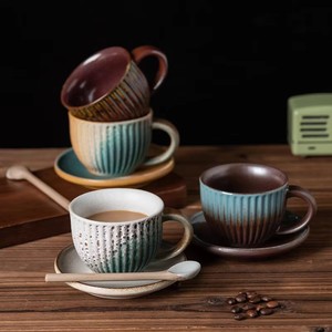 Nuevo Juego de Taza y Platillo de Cerámica Vintage, Taza de Cerámica Creativa con Rayas, Taza Simple para Té de la Tarde o Latte con Juego de Cucharas - Product Image 1
