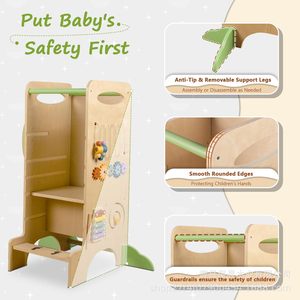 Stars Solid Wood Kids Learning Tower Foldable Step Stool With Safety Rail And Blackboard For Children <b>Kitchen</b> Use - Product Image 5