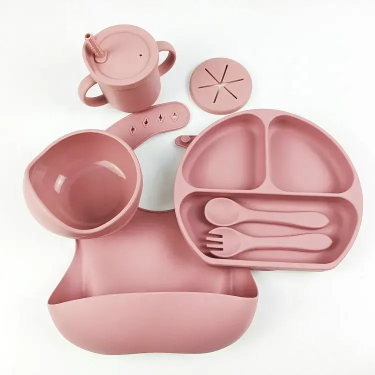 도매 BPA 실리콘 그릇 접시 스푼 포크 세트 아기 턱받이 용품 실리콘 8PC 아기 세트 수유