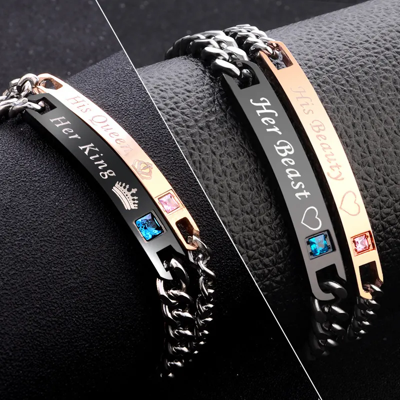 Pulseira e pulseira para casal, joia para presente, cor preto e ouro rosa, para mulheres e homens