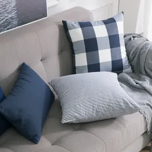 Home Couch Decoration Farmhouse Buffalo Plaid Linen Throw Pillow Cover Costom Logo Size Simple Check Blue Sofa Linen Pillow Case