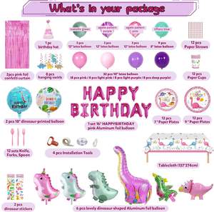 Fournitures de fête d'anniversaire Inosaur pour filles, décorations de fête dinosaures roses, ballons en latex, vaisselle, assiettes, nappe - Product Image 2