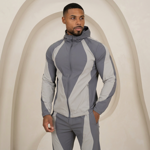 Veste de survêtement à capuche pour homme, unie, manches longues, fermeture à cordon, séchage rapide, légère, respirante, coupe classique, gris - Product Image 1