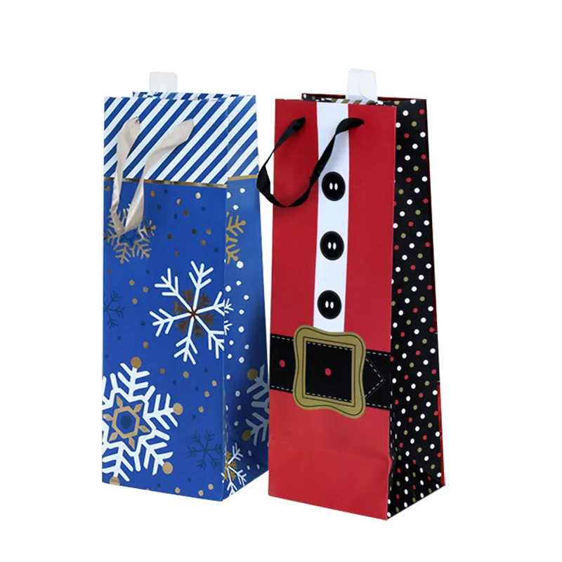 Bolsas de compras de papel grueso al por mayor de fábrica, bolsa de papel para botella de vino ecológica personalizada para Navidad