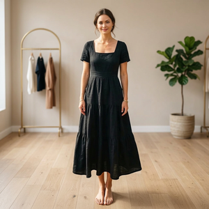 100% Cotton V-Neck A-Line Midi <b>Dress</b> for Women Short Sleeve High Waist Vintage Back Zipper Casual Daily Use All Seasons - Product Image 2