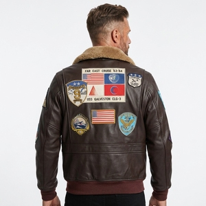 OEM Vintage Cowhide Leather Bomber <strong>Jacket</strong> Custom Fur Collar Applique Embroidery Patch Leather Aviator <strong>Flight</strong> <strong>Jacket</strong> for <strong>Men</strong> - Product Image 2