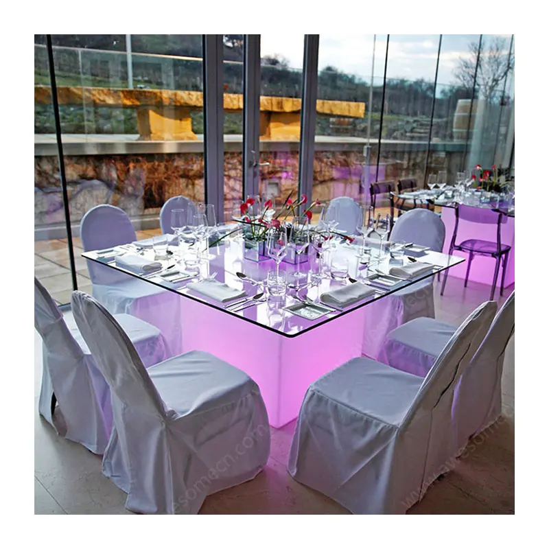 Led aydınlatmalı uzun genişletilebilir cam yemek masası olay düğün için