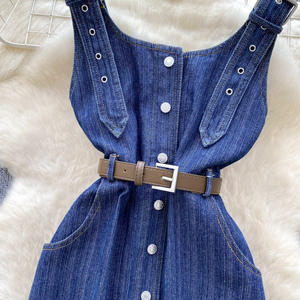 2025 francés Vintage Denim Pinafore <span class=keywords><strong>mujer</strong></span> verano correas ajustables botón abajo cintura <span class=keywords><strong>vestido</strong></span> ajustado - Product Image 5