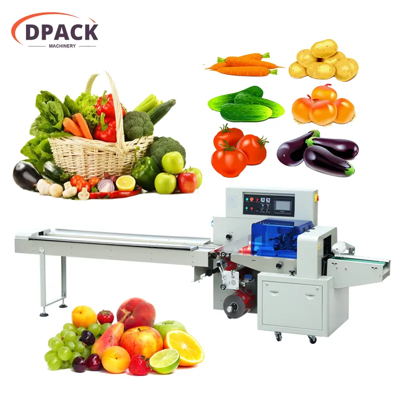 Máquina de embalagem de travesseiro para celerária e vegetais, repolho e cenoura, taro de tomate, pimentão, maçã, laranja, manga, embalagem horizontal