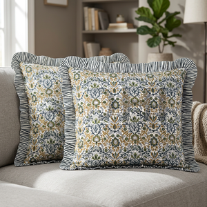 Ridhi Handmade Blue Floral <b>Ruffle</b> Cotton Western Style Hand Block Print Removable Washable Square Zipper Closure Throw Pillow - Product Image 2