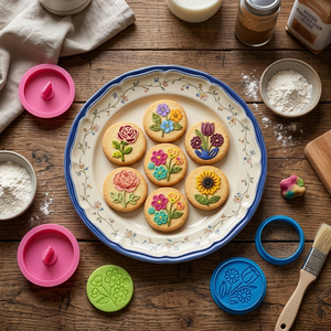 Ensemble de découpoirs à biscuits ronds en forme de fleurs (fleur de cerisier, tulipe, rose, tournesol, <span class=keywords><strong>marguerite</strong></span>) avec tampons, moules à biscuits circulaires - Product Image 5