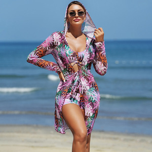RUIQUWIN Ensemble bikini 3 pièces personnalisé pour femme, motif floral sur le devant, avec cache-maillot en résille, protection solaire à capuche, manches longues, taille haute, séchage rapide, pour les vacances - Product Image 3