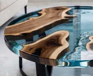 Round Resin Wood Coffee <b>Table</b> Modern Living Room Center <b>Table</b> <b>Epoxy</b> Embedded Wood Grain Metal Legs - Product Image 2