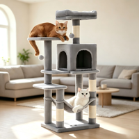 Tour d'activités robuste pour chat d'intérieur, anti-renversement, en peluche grise, multi-niveaux, extra-haute, avec hamac double porte et poteaux à gratter en sisal naturel