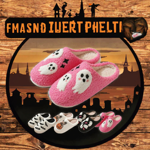 Pantofole da donna in pelliccia sintetica calda e confortevole, con design Halloween, Natale, Inverno, Zucca, Pipistrello, BOO, Gatto Nero, con suola in TPR per aumentare l'altezza - Product Image 3