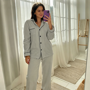 Ensemble de pyjama en <span class=keywords><strong>gaze</strong></span> de coton froissé à bordure piping pour femme Hongbo, pyjama en mousseline <span class=keywords><strong>double</strong></span> <span class=keywords><strong>gaze</strong></span> respirant, vêtements de détente personnalisés pour femmes - Product Image 3