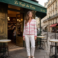 Veste en tweed pour femme - Manteau à carreaux rouges et blancs - Décoration contrastée à col en V - Vêtement d'extérieur élégant