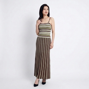 Ensemble Robe Décontractée d'Été en Maille Personnalisée Respirante, Écologique et Lavable avec Jupe Longue et Débardeur – Palette Vert-Marron-Moutarde - Product Image 1