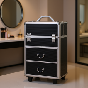 Maleta de Maquillaje con Ruedas Grande, Negra, con Ruedas Bloqueables y Llaves, Estilo Moderno, Maleta Metálica - Product Image 2