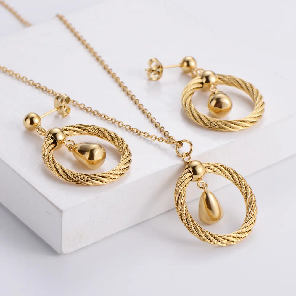 XL22576 Gold Plated Stainless Steel Chain Link Circle Twist Waterdrop Necklaces Choker Drop Earrings Women Jewelry Sets