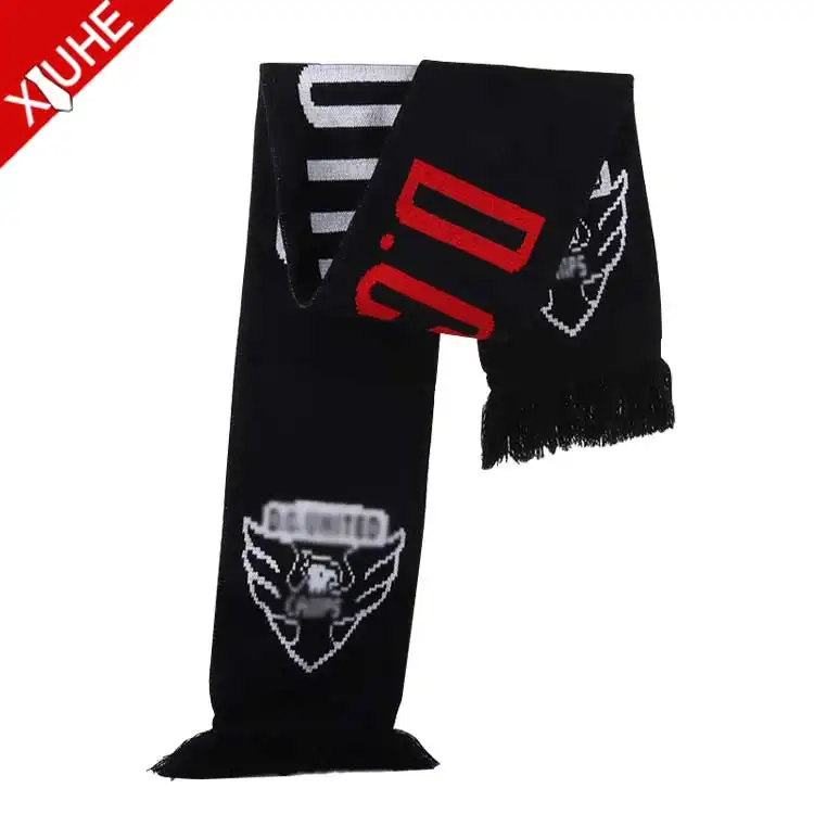 Custom Logo Scarves Mens Black Red Woven Shawls Custom Acrylic Knitted Football Scarf