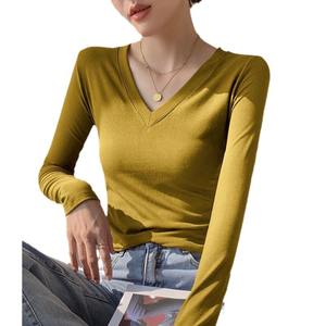 CW260 Women's Pure Desire Cotton <b>V</b>-<b>neck</b> Long-sleeved <b>T</b>-<b>shirt</b> Autumn New Slim-fit Short <b>Size</b> Knitted Inner Base Sweet <b>Plus</b> <b>Size</b> - Product Image 5