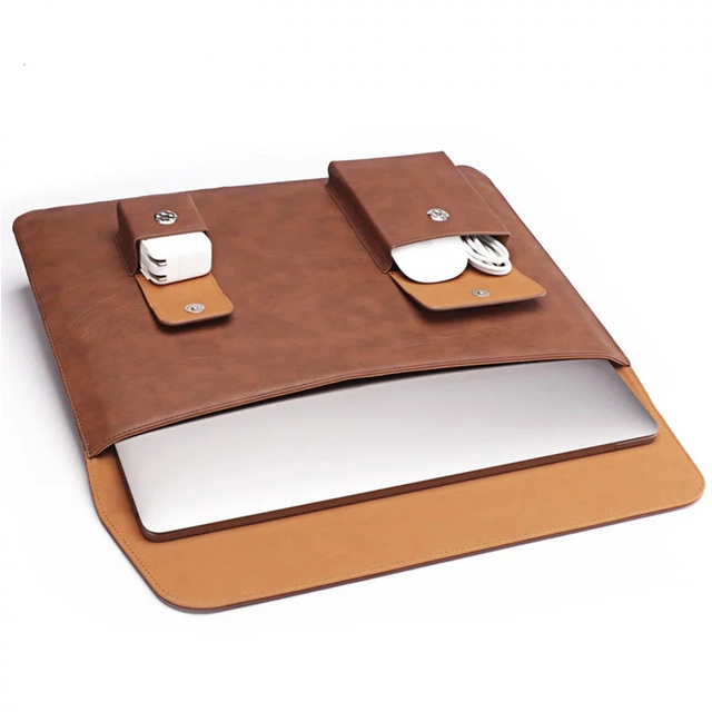 Luxury PU Leather Laptop and I-pad Carry Case Laptop Sleeve Case with Mouse Power Adapter Pocket Laptop Bags