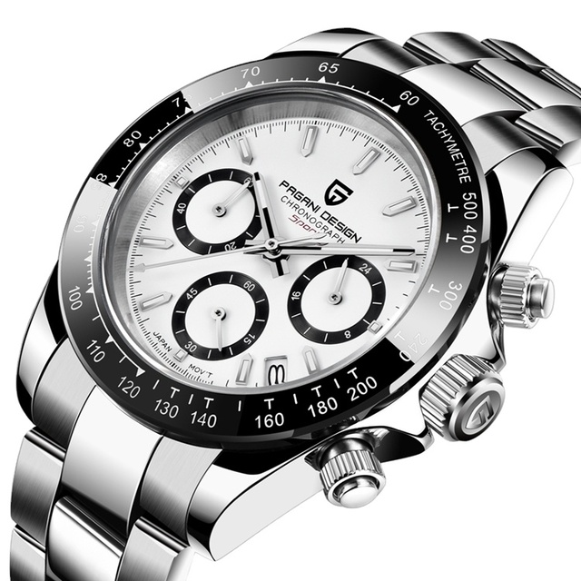 PAGANI DESIGN PD-1644 Branded Watch Men Full Stainless Steel Strap Chronograph Date Display Quartz Movement Silver Wristwatches