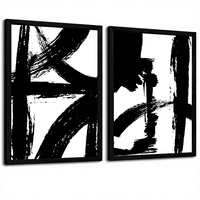 Décoration murale abstraite moderne minimaliste en lignes noires et blanches sur toile, 12x16 pouces, encadrée en bois, lot de 2 pour salon et chambre à coucher
