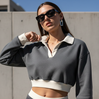 Ensemble de survêtement 2 pièces pour femme : Sweat-shirt polo court à col contrastant et col en V, pantalon de survêtement large, couleur anthracite, vente en gros