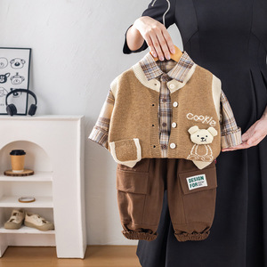 Bộ trang phục ba món thu/xuân bằng <span class=keywords><strong>cotton</strong></span> cho bé trai: Áo len cardigan, áo gile và quần thời trang - Product Image 3