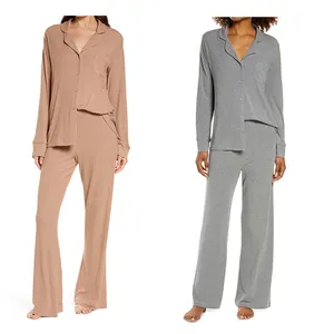 Winter Hochwertige Langarm Button Down 2 Stück Set Weihnachts pyjamas Jersey Grau Modal Ribbed Stretch Damen Pyjamas Set