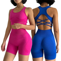 Ensemble de sport pour femme avec dos croisé et froncé, haut court et short taille haute, ensembles de yoga pour femme, fessier galbé, sans couture, vêtements de course et d'entraînement