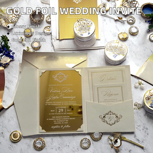 Juego de tarjetas de invitación de <span class=keywords><strong>boda</strong></span> de lámina de oro elegante de lujo sobre de bolsillo de marfil de perla acrílica dorada para el Día de San Valentín - Product Image 2
