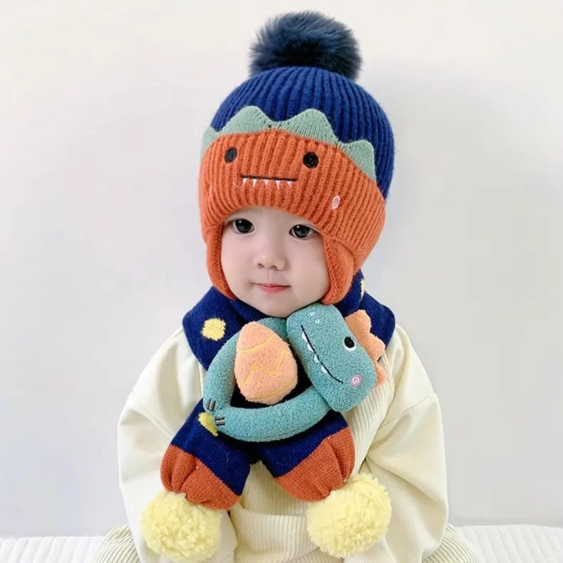 बच्चों के शीतकालीन शिशु कान की सुरक्षा ऊनी टोपियाँ लड़के लड़कियाँ शिशु स्कार्फ सेट शरद ऋतु शीतकालीन पोम पोम बेनी कैप