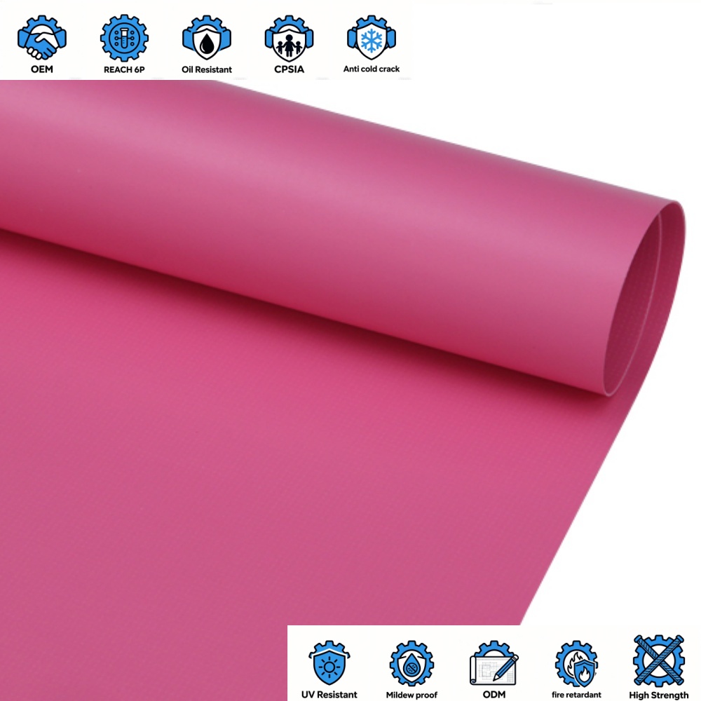 FR B1 M2 Waterproof PVC Coated Woven Tarpaulin Roll Pink Glossy/Matte Medium Weight Industry Fabric Textile Products Outdoor