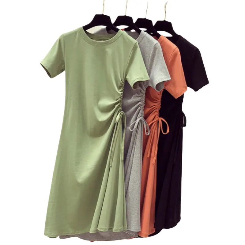 C CLOTHING 새로운 패션 여성 긴 치마와 최고 짧은 소매 O 목 긴 맞춤 셔츠 드로스트링 솔리드 셔츠 원피스 여성용