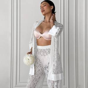 Fabricantes logotipo personalizado pijamas mujeres Sexy hueco Pijamas Color sólido Homewear cárdigan pantalones dos piezas encaje ropa de dormir conjunto - Product Image 4