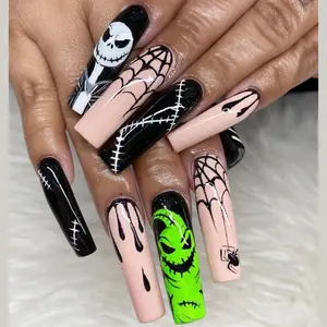 Groothandel Handgeschilderde Skelet Halloween Salon Acryl Beste Kwaliteit Pers Op Nagels Aanpassen Logo Geel Groen Zwart Lange Doodskist