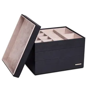 High End Black Brown Stackable Ring Earrings PU Leather Jewelry Display Trays Organizer Velvet Inside With Lid