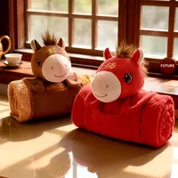Couverture de sieste climatisée en polaire corail, motif dessin animé, mascotte cheval 2026, 31cm-50cm, sans rembourrage