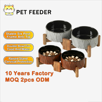 Mangkuk Makanan Keramik Tinggi dengan Alas Kayu Akasia 400ml/850ml Portabel & Tahan Air 2-in-1 Mudah Dibersihkan untuk Kucing & Anjing