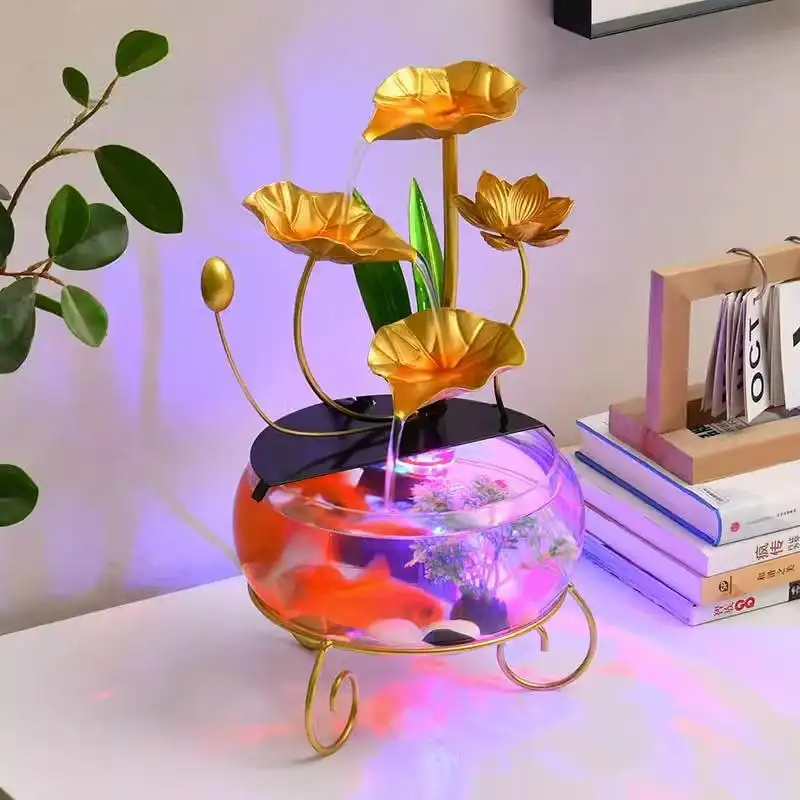 Tanque de peixes ecológico pequeno para escritório com decoração criativa de água de lótus para sala de estar ou comemorações de aniversário