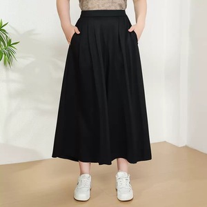 <span class=keywords><strong>Pantalon</strong></span> décontracté noir taille haute à jambe large en maille respirante unie pour <span class=keywords><strong>femme</strong></span>, en <span class=keywords><strong>polyester</strong></span> et <span class=keywords><strong>viscose</strong></span>, idéal pour l'automne - Product Image 1