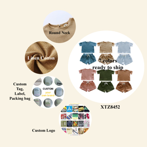 Set di abbigliamento per bambini in cotone di lino 2 pezzi all'ingrosso per bambini e bambine completi in tinta unita Set corti Set di vestiti estivi per bambini - Product Image 4