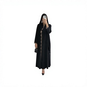 New Luxury Handmade Dubai Black Lace Trim Modest Vintage <b>Abaya</b> Matching Hijab Muslim Women Loose Ankle-Length Autumn/Spring - Product Image 3